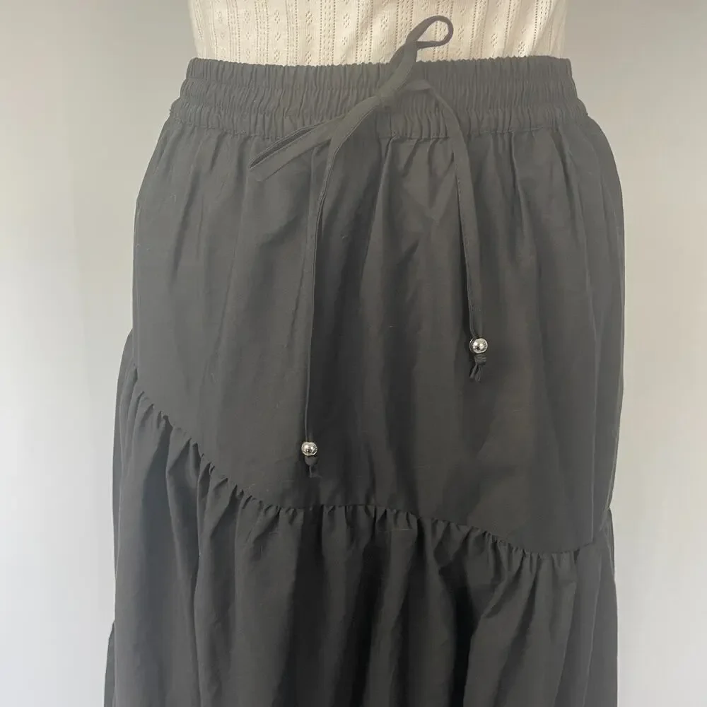 Tiered Broomstick Midi Skirt Size Medium Black Solid Fairy Whimsigoth Boho Goth